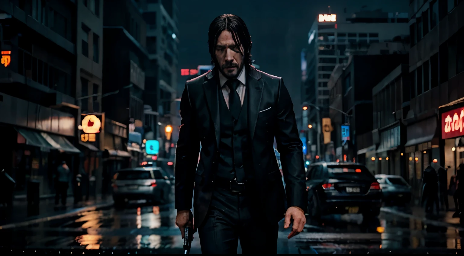 john wick holding a silenced pistol standing in the rain, black suit, city, neon lights, night.