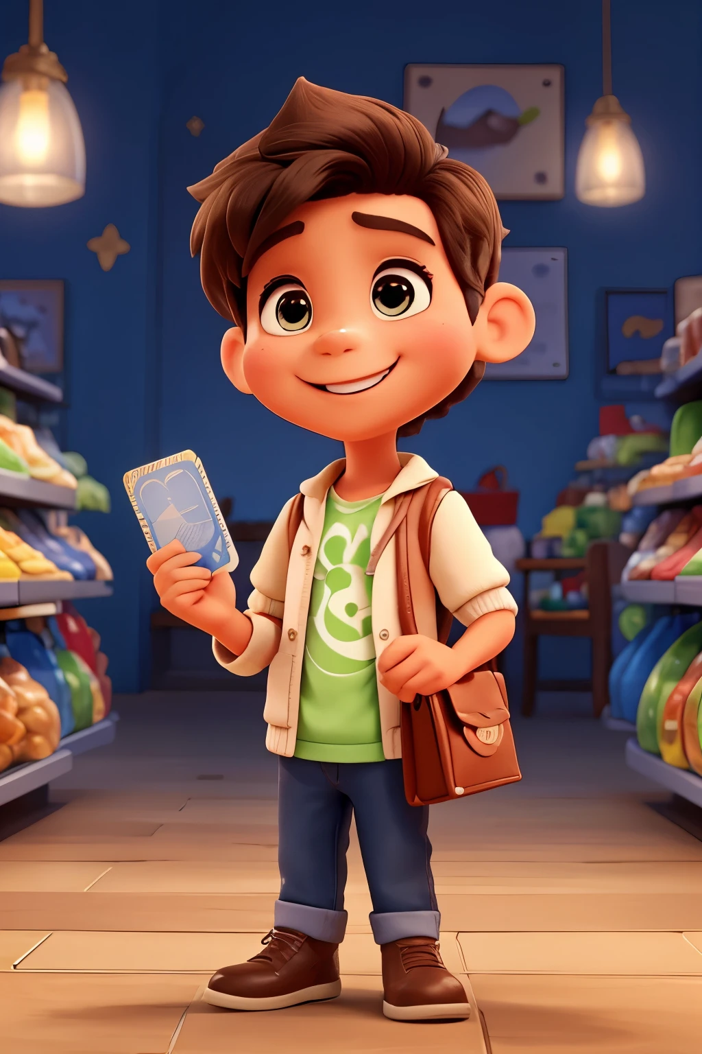 "Draw an adorable Disney-style character holding a credit card with a beaming smile on his face. The character must be excited and express joy while holding the card with one hand and making a happy gesture with the other. Make sure to include vivid details and vibrant colors to make the scene more captivating.. The background may contain elements that refer to a shopping or financial transaction environment, como sacolas de compras ou um ambiente comercial animado. The objective is to convey a feeling of convenience and happiness when making purchases with this credit card.."