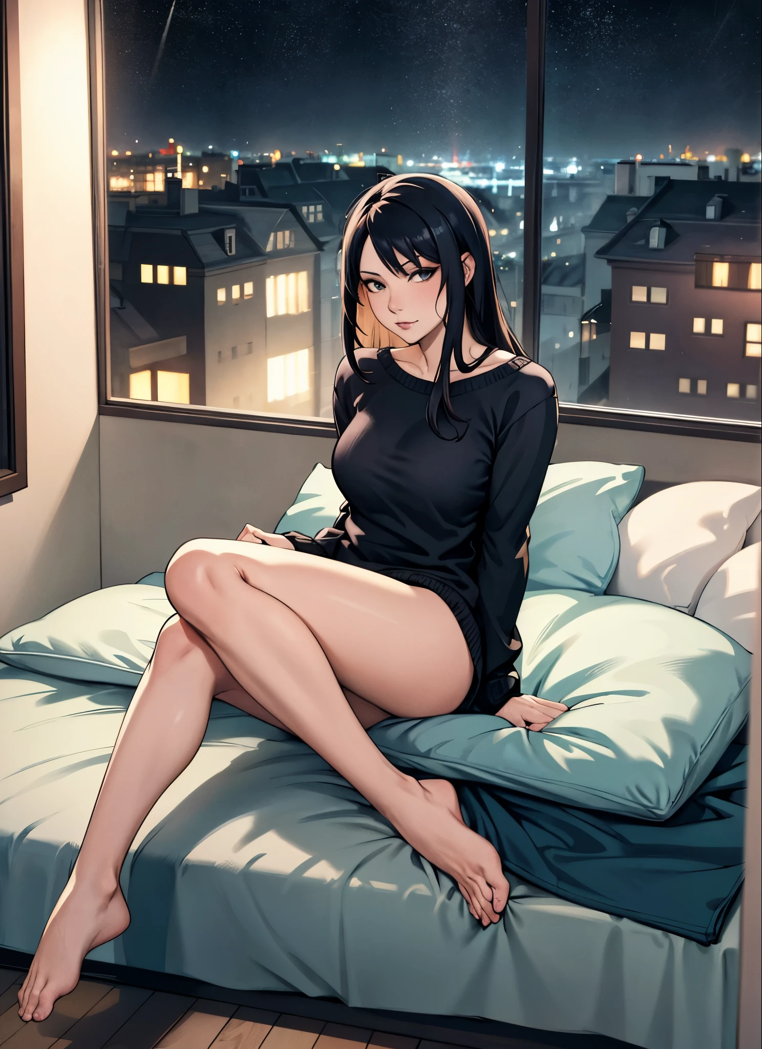 masterpiece, best quality, 8k, artstation, wallpaper, official art, splash art, sharp focus, beautiful woman, wearing comfy clothes. sitting by window, looking out window, at night. rainy night. ((in cozy bedroom)), (solo)