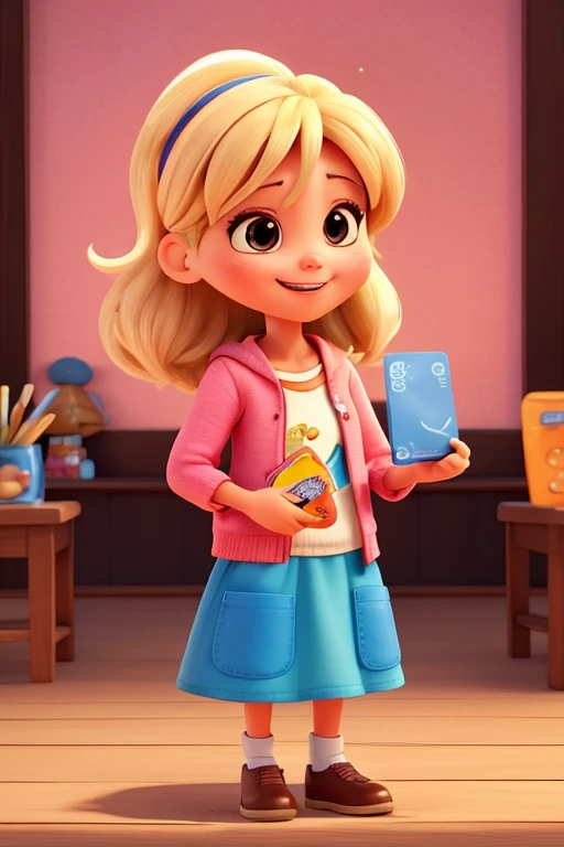 "Draw an adorable Disney-style character holding a credit card with a beaming smile on her face. The character must be excited and express joy while holding the card with one hand and making a happy gesture with the other. Make sure to include vivid details and vibrant colors to make the scene more captivating.. The background may contain elements that refer to a shopping or financial transaction environment, como sacolas de compras ou um ambiente comercial animado. The objective is to convey a feeling of convenience and happiness when making purchases with this credit card.."