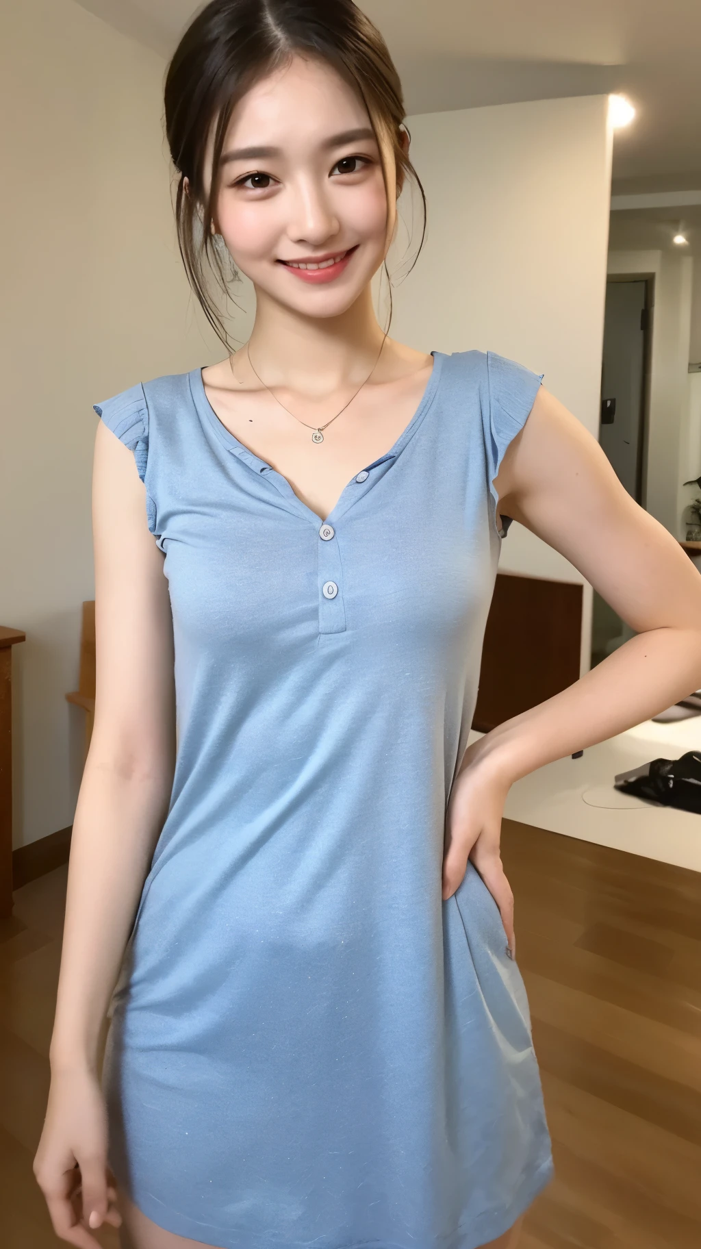 ((Best Quality, 8K, Masterpiece: 1.3)), 1girl, Slim Abs Beauty: 1.3, (Casual hairstyle, No Leaky Chest: 1.2), Dress: 1.1, Super fine face, Delicate eyes, Double eyelids, smile, homely