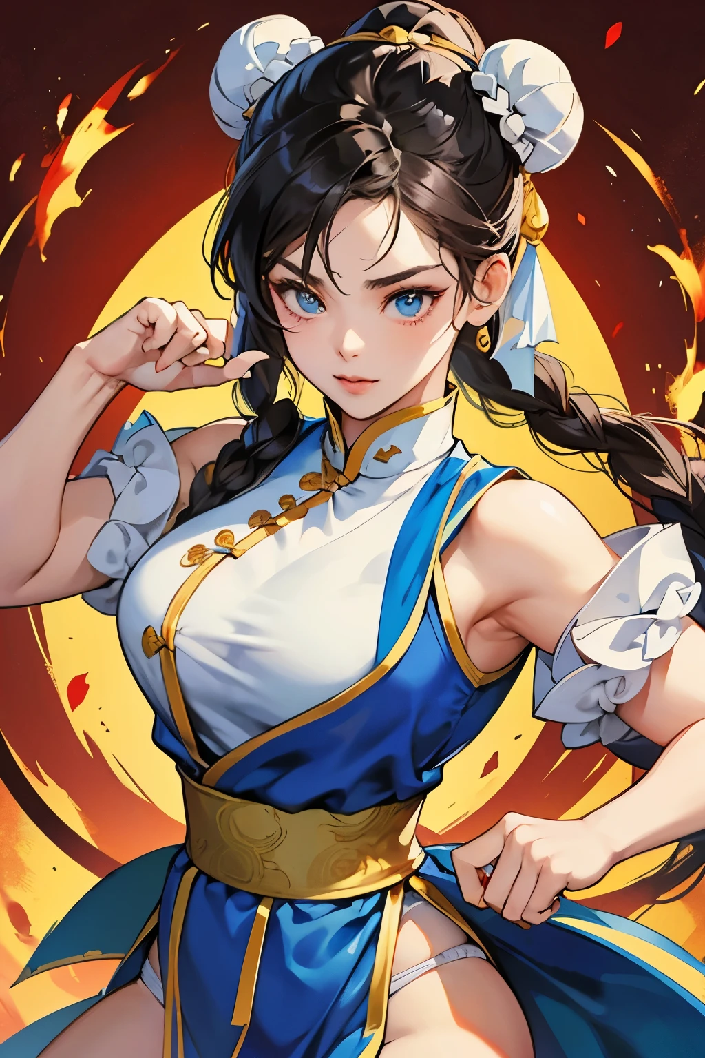 chun-li from street fighters series , white panty , fight in the streets , chinese dragon background , perfect eyes ,