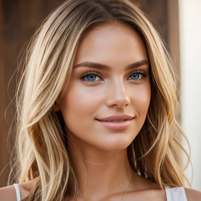 Photo sony a7iii 85 mm 1.4. Portrait of a girl, 26 years old, long hair, blonde. He has expressive blue eyes, beautiful long eyelashes. Sweet smile. Full lips. Very beautiful. Has the facial features of romee strijd and candice swanopoel. Make her skin more realistic, as in a living person.