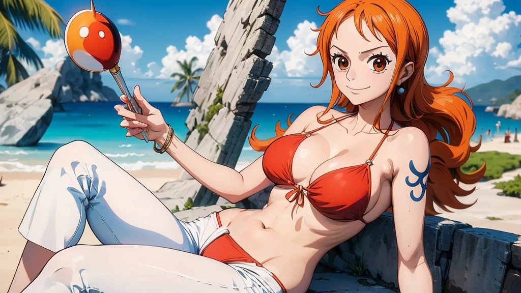 An Arafe woman wears a bikini top and red super miniskirt, nami one piece, uma obra-prima , Retrato bonito de Nami, nami from one piece,Nami em super minissaia vermelha, arte de anime digital detalhada, Cute Exirobat showing white pants, Muito detalhado Artgerm haha, deviantart artstation cgsscosiety, realistic red bikini, roupa de banho vermelha, fanart melhor artstation, Artgerm. alto detalhamento, seios grandes.