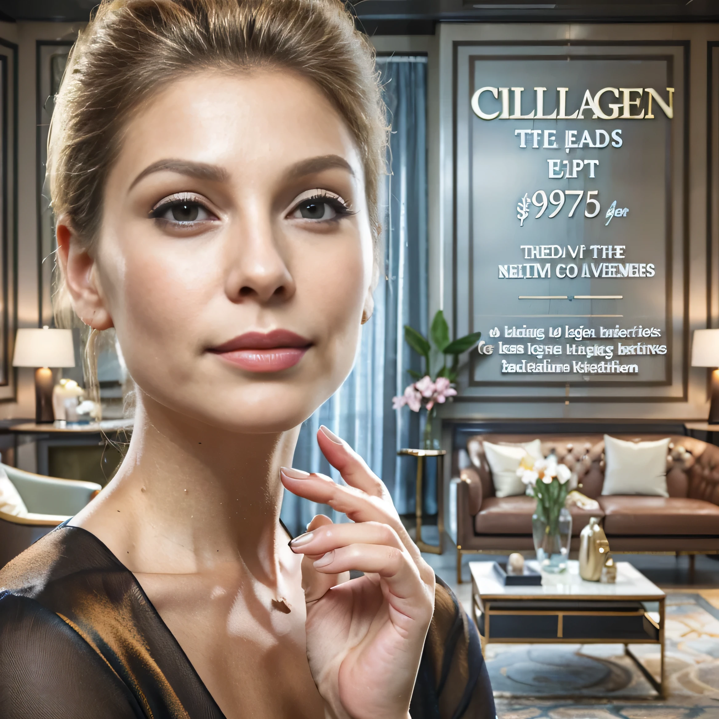 The image features a middle-aged woman positioned on the extreme left side. She has an elegant and professional appearance with modest clothing and her blonde hair styled to complement her complexion. Her expression conveys satisfaction and confidence, indicative of the positive effects of the Collagen Threads Lift treatment.
In the background, there's a depiction of a luxurious medspa clinic, characterized by sophisticated decor and modern furniture. This setting enhances the high-end, professional atmosphere of the clinic.