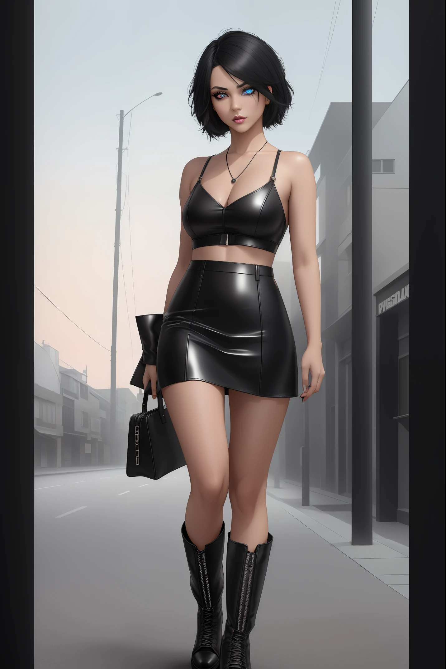 beautiful girl, ((standing:1.4)), (confident gaze:1.1), full body, short bright neon streaked black hair, ((realistic highly detailed eyes:1.4)), ((seductive pose:1.2)), black eyeshadow, (street style wear:1.2), ((short skirt)), ((knee high leather boots)),((dark plain black background:1.4)), dark makeup, digital art, trending on artstation, highly detailed, fine detail, intricate, detailed facial features, sharp focus, smooth, aesthetic,