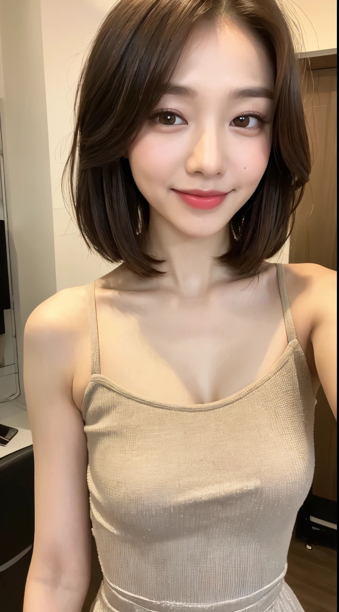 ((Best Quality, 8K, Masterpiece: 1.3)), 1 Girl, Slim Abs Beauty: 1.3, (Hairstyle Brown Hair Shortcut, Big: 1.2), Dress: 1.1, Super Slender Face, Delicate Eyes, Double Eyelids, Smile, Home, Raw Photo