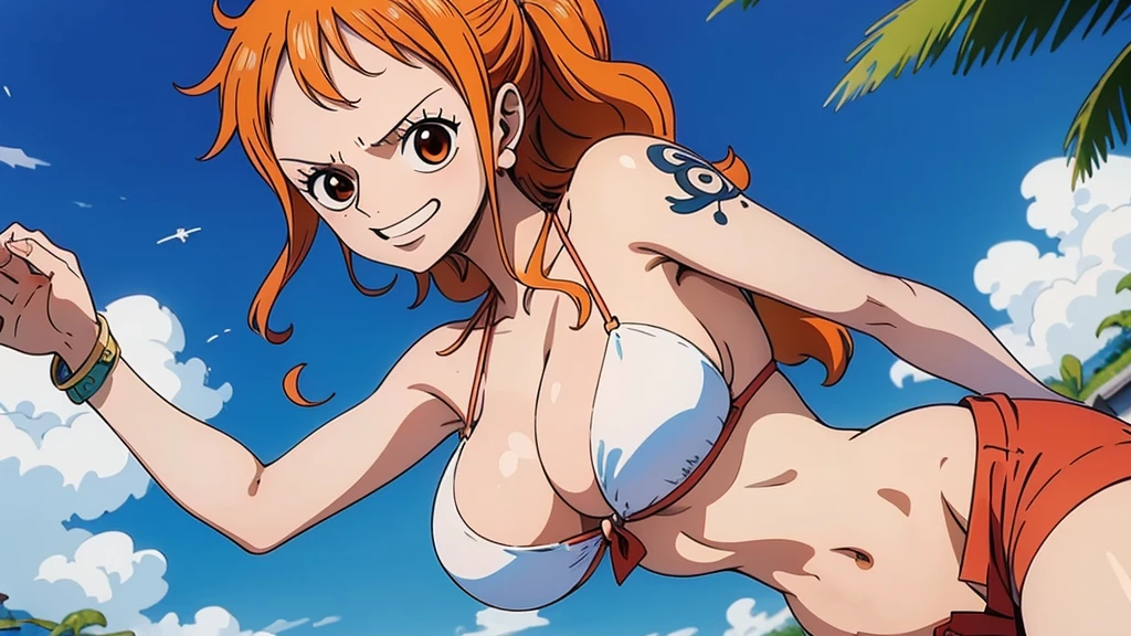 Uma mulher, uma pessoa , uma peca , peca mestra , wears a bikini top and super red miniskirt, nami one piece, uma obra-prima , Retrato bonito de Nami, nami from one piece,Nami em super minissaia vermelha, arte de anime digital detalhada, Cute Exirobat showing white pants, Muito detalhes Artgerm haha, deviantart artstation cgsscosiety, realistic red bikini, roupa de banho vermelha, fanart melhor artstation, Artgerm. alto detalhamento, grandes.