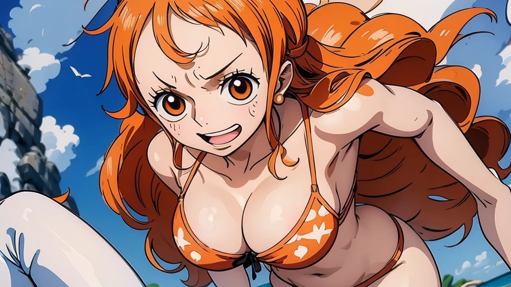 Uma mulher, uma pessoa , uma peca , peca mestra , wears a bikini top and super red miniskirt, nami one piece, uma obra-prima , Retrato bonito de Nami, nami from one piece,Nami em super minissaia vermelha, arte de anime digital detalhada, Cute Exirobat showing white pants, Muito detalhes Artgerm haha, deviantart artstation cgsscosiety, realistic red bikini, roupa de banho vermelha, fanart melhor artstation, Artgerm. alto detalhamento, seios grandes.