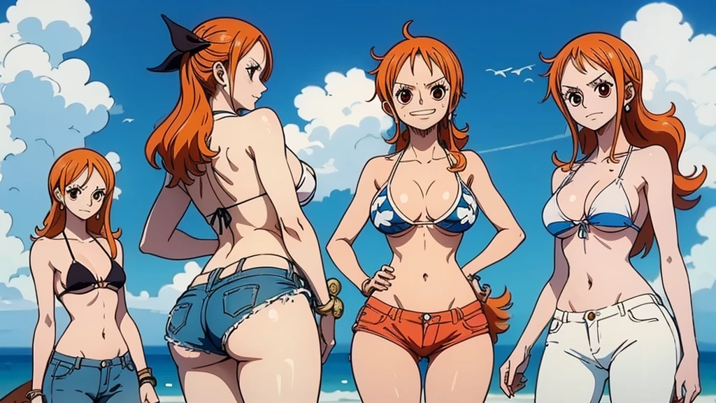Uma mulher, uma pessoa , uma peca , peca mestra , wears a bikini top and super red miniskirt, nami one piece, uma obra-prima , Retrato bonito de Nami, nami from one piece,Nami em super minissaia vermelha, arte de anime digital detalhada, Cute Exirobat showing white pants, Muito detalhes Artgerm haha, deviantart artstation cgsscosiety, realistic red bikini, roupa de banho vermelha, fanart melhor artstation, Artgerm. alto detalhamento, seios grandes.