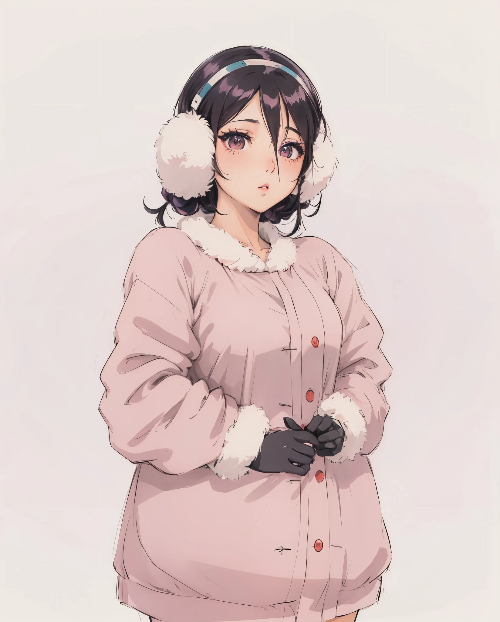 anime, Una chica de cabello negro y ojos azules con un abrigo rosa y guantes., abrigo, Chica anime named lucy, Haruno Sakura, en estilo anime, en un estilo anime, as an Personaje de anime, female Personaje de anime, Personaje de anime, Anime visual de una chica linda, in japanese anime style, Personaje de estilo anime, Mejor chica del anime, (Chica anime), estilo anime"