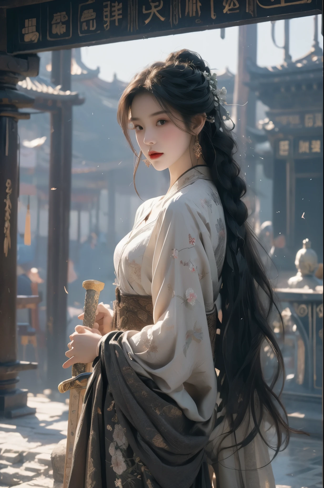 Best Quality, Masterpiece, Ultra High Resolution, (Realisticity:1.4), Original Photo, Cinematic Lighting, 1 girl, 20-year-old, solo, stand up straight to reveal your long thighs, medium breasts, (Girl holding a sword: 1.2), (Hanfu), (white clothes), black hair, bun, (tired up short braids), fair skin, full body, midjourney portrait, ancient east Asia architecture, china dress, ross-draws, global illumination, radiant light, detailed and intricate environment