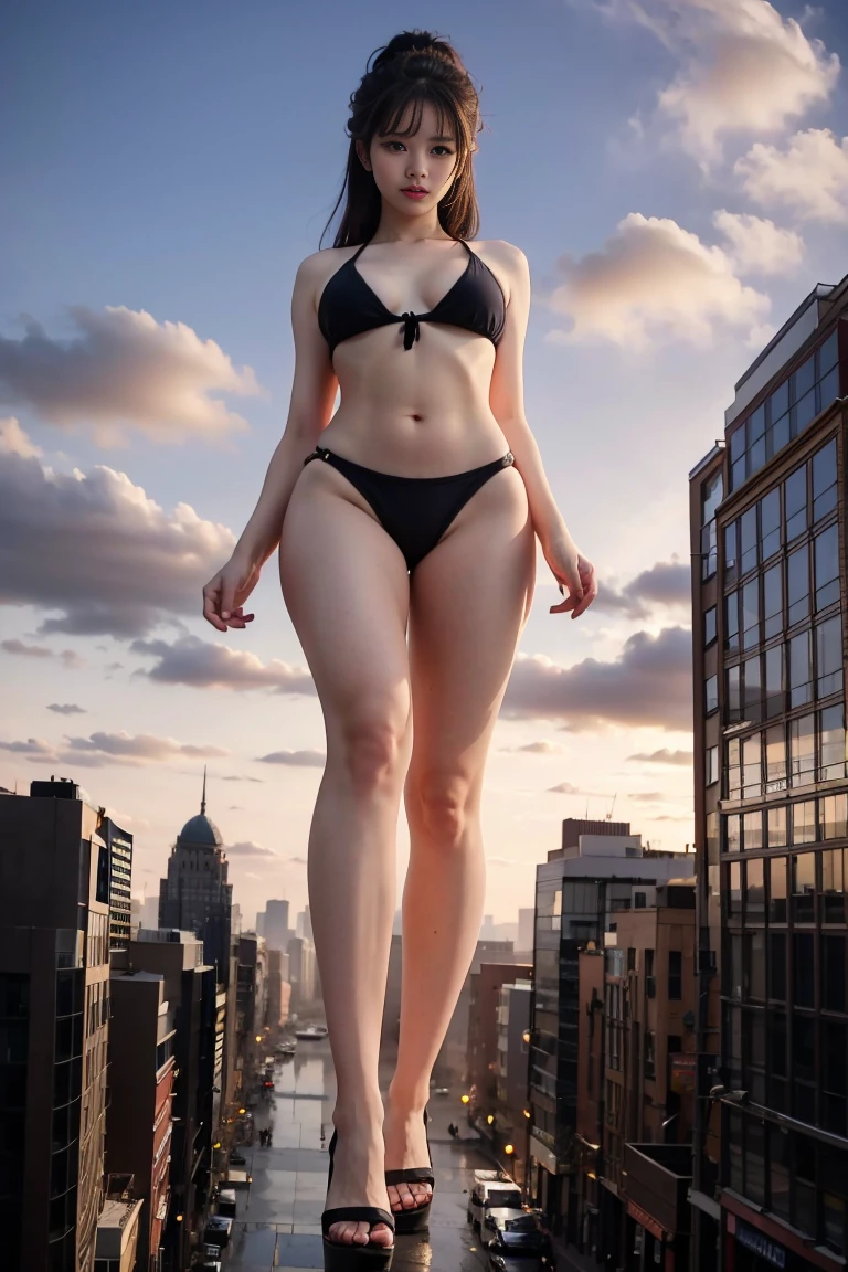 Masterpiece, the best quality, a towering Giantess girl Asian look style Wearing a bikini. Her body is lean and slender. She seems to be casually strolling through the bustling cityscape. Clouds roil around her, realistic, giantess, GTS, giantess girl, walking, (crowd of people), sunset, aerial view, taller than buildings, (full body), Giants, city perspective is from top, emphasizing the sheer majesty and power of the A towering Giantess.
