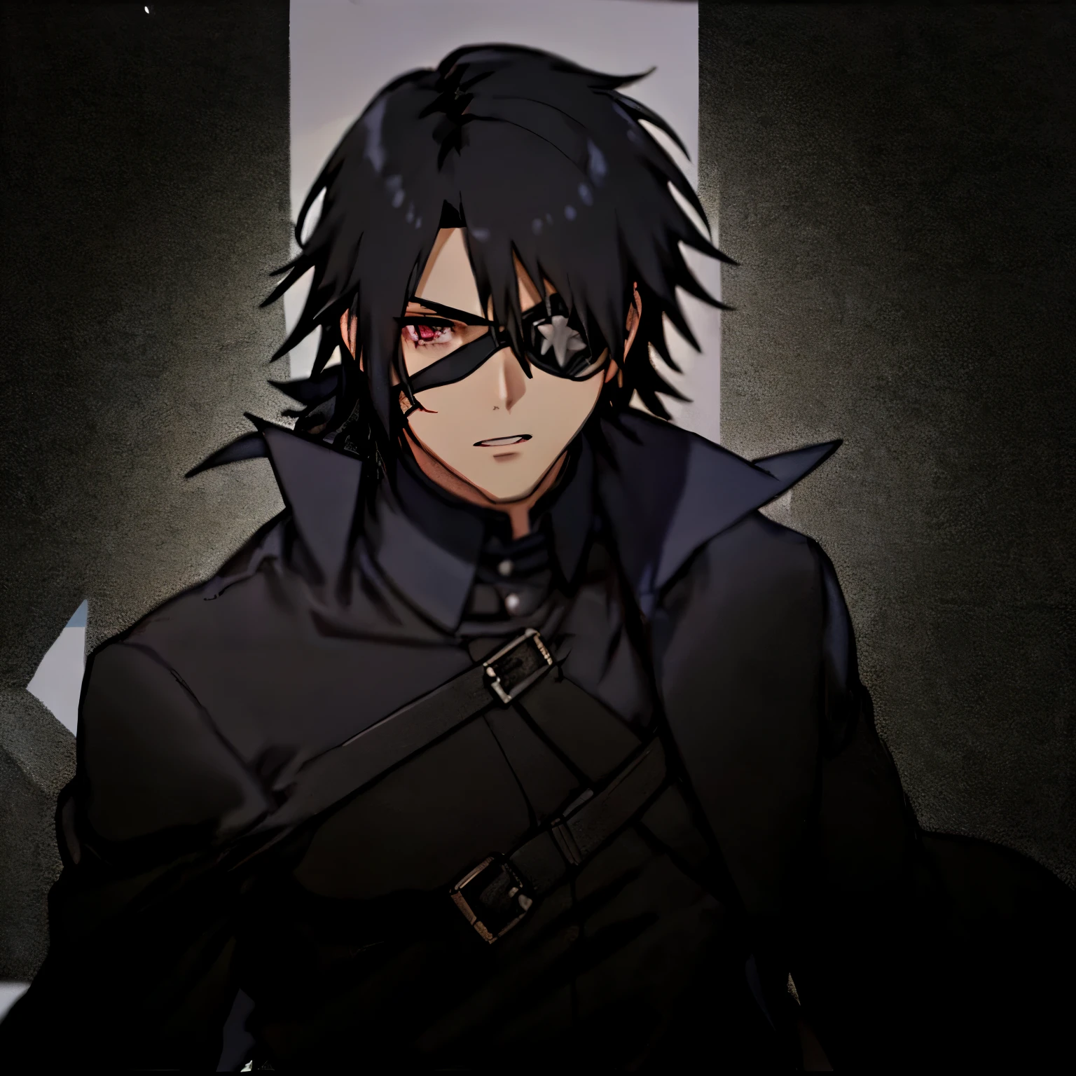 a man with black hair and black clothes, an eye patch covers his left eye