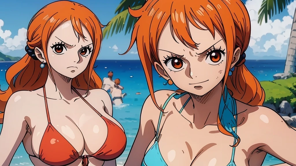 wears a bikini top and super red miniskirt, nami one piece de uma peca, uma obra-prima , Retrato bonito de Nami, nami from one piece,Nami em super minissaia vermelha, arte de anime digital detalhada, Cute Exirobat showing white pants, Muito detalhes Artgerm haha, deviantart artstation cgsscosiety, realistic red bikini, roupa de banho vermelha, fanart melhor artstation, Artgerm. alto detalhamento, seios grandes.