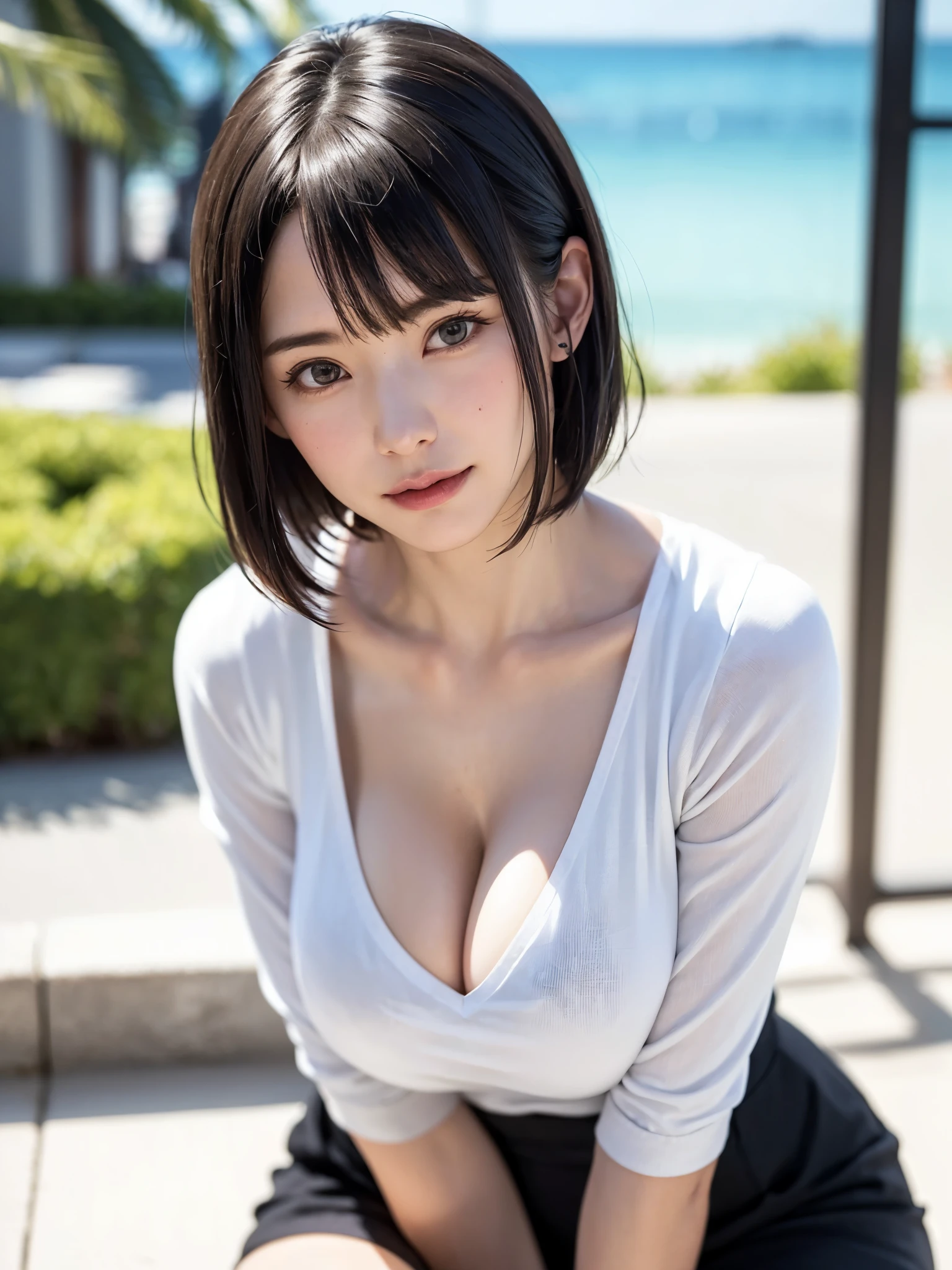 女の子1人、highest quality、realistic、solo、Depth of the bounds written、natural soft light、daytime、troublesome、beautiful face、cleanliness、pure face、white skin、cute、short hair、bangs、beach、Light of the sun、Nedium Breast Body Esbian、((Beautiful face with sweater golden ratio Beautiful face with symmetry))、long neck、Please show your ears、bangsのあるきれいな短いボブヘア、close your mouth and smile:1.7、perfect hands指、perfect hands、perfect body、perfect face、shine a light on the eyes、perfect anatomy:1.4、とてもcuteスーパーモデル:1.4、({huge|big breasts|hugeな|mega} Generally poor breasts:1.4, There is a cleavage in the chest:1.4)