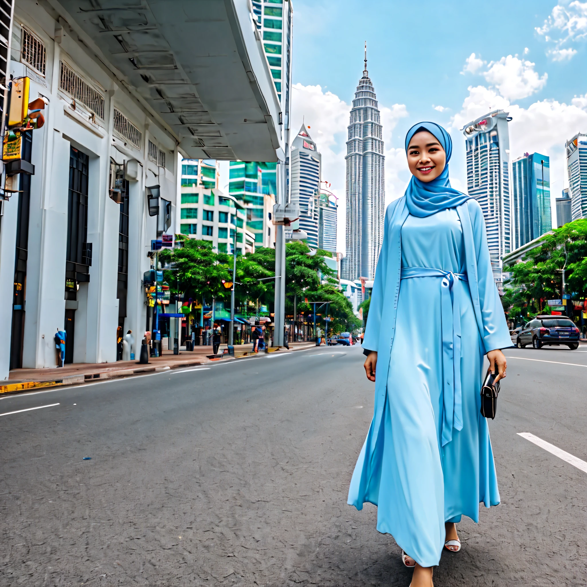 "Ultra-realistic image, 8K quality, a masterpiece with beautiful skin details, a 30-year-old Malay woman in a light blue hijab and white baju kurung, appearing modest and standing with a smile. The background depicts Kuala Lumpur City Centre in daylight with soft, natural lighting. Detailed background, real photo, 