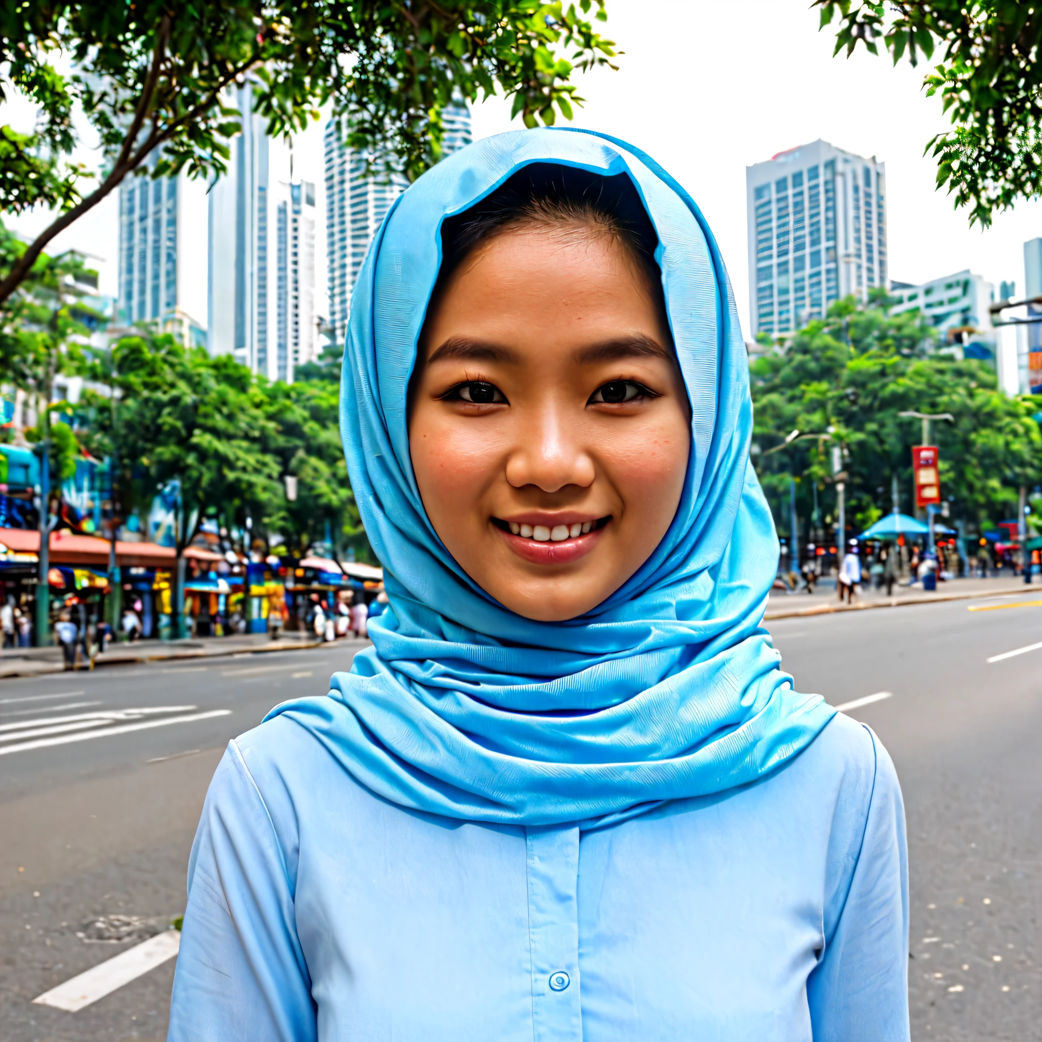 "Ultra-realistic image, 8K quality, a masterpiece with beautiful skin details, a 30-year-old Malay woman in a light blue hijab and white baju kurung, appearing modest and standing with a smile. The background depicts Kuala Lumpur City Centre in daylight with soft, natural lighting. Detailed background, real photo, 