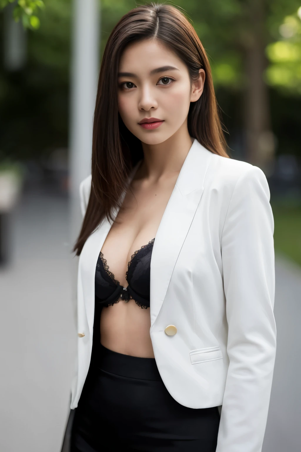 (colored picture), Photo realistic of beautiful asian、slender abs, (Highlight Haircutreast B Cup:1.2), (((small breast))), round shape breast, perfect shape breast,((black fabric bra )),((white blazer, pencil skirt)),  As she confidently posing for camera, , the background is a blur of motion and ((bokeh)), with light streaming from right to left. a sense of connection to the viewer, full body