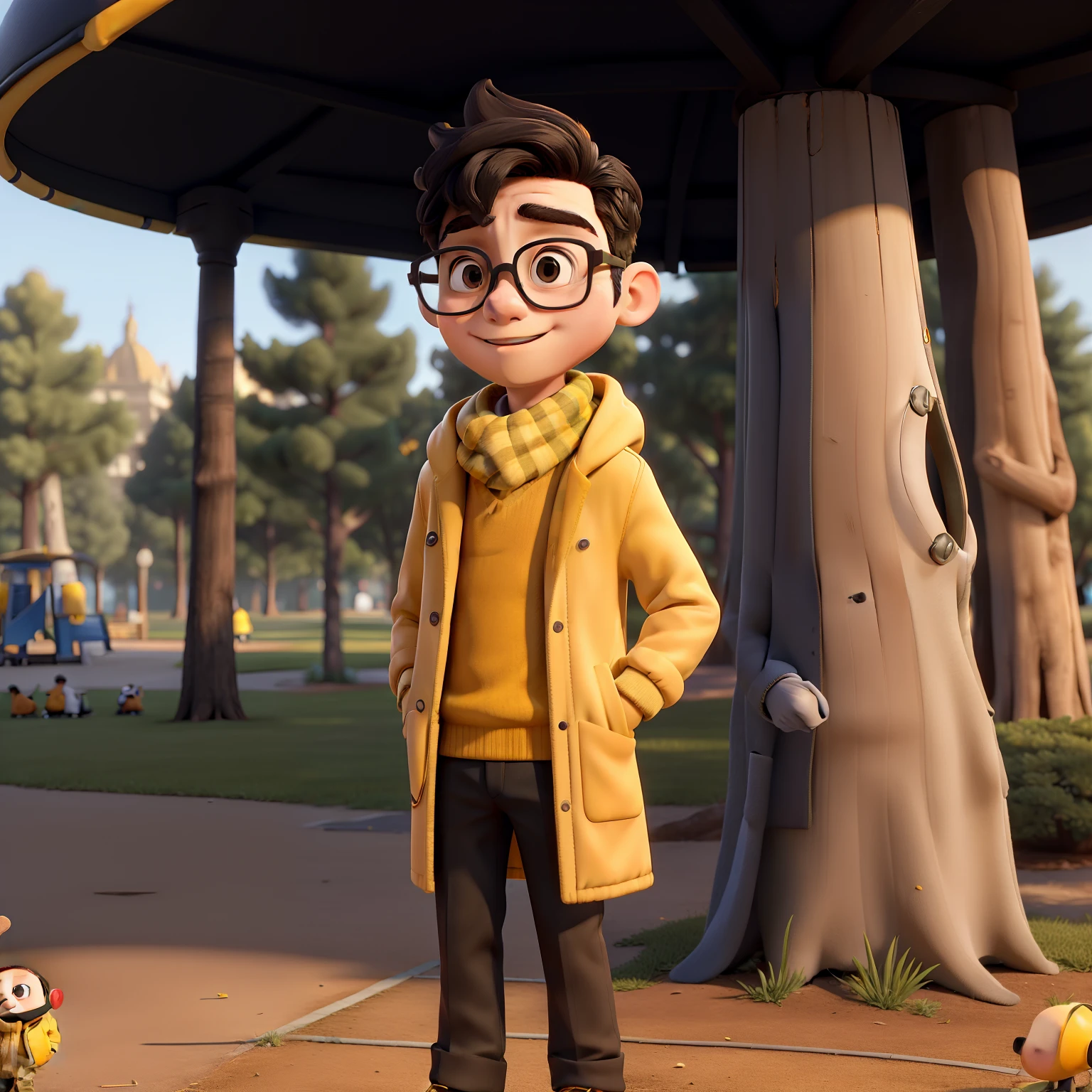 masterpiece, best quality, an boy wearing headphones & glasses, wearing a Yellow coat and Black scarf, standing at the park
