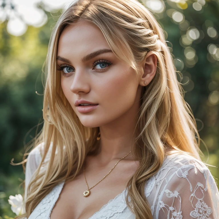 a beautiful woman, realistic, blonde hair, in a lush garden, wearing a flowing white dress, detailed facial features, high quality, detailed skin, (best quality,4k,8k,highres,masterpiece:1.2),ultra-detailed,(realistic,photorealistic,photo-realistic:1.37),HDR,UHD,studio lighting,physically-based rendering,extreme detail description,professional,vivid colors,portrait