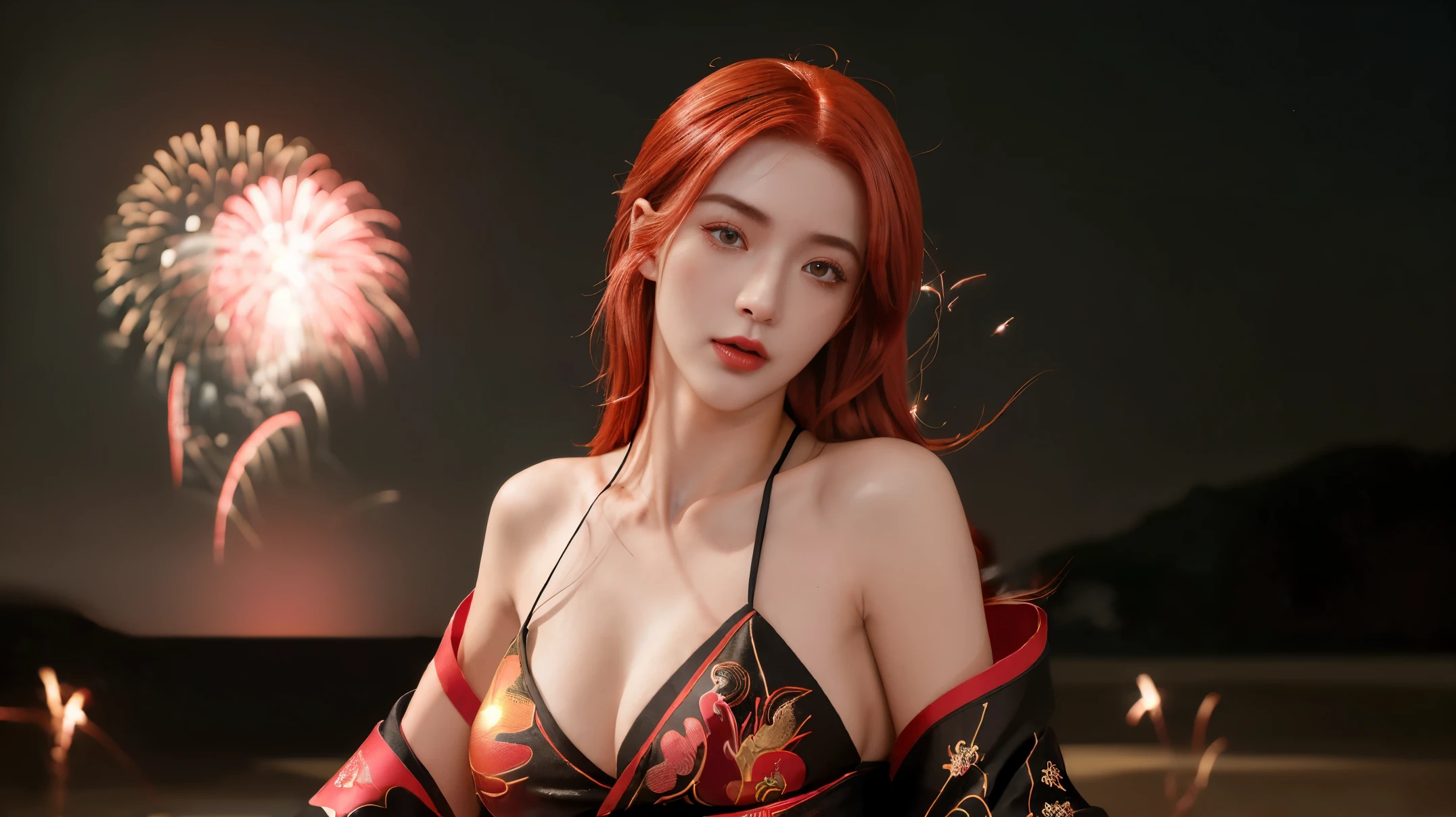 (best quality, masterpiece, perfect face, detailed simmetric eyes), (red hair :1.3), 20 year old European girl, flirting smile with POV, in traditional Japanese gold&black kimono, (sexy pose:1.2) ultra detailed kimono textures , high contrast, (natural Skin Texture, hyperrealism, Soft Light, sharp), night, Kyoto, (fireworks fade:1.3), Dark outdoor theme, calming tones, muted colors, high contrast, (natural Texture skin, hyperrealism, soft light, sharp), hdr, dramatic lights, (sexy:1.2), (charming:1.2), (random pose:1.2) high contrast, photorealistic digital art trending on Artstation 8k HD high definition detailed realistic , detailed, Skin Texture, hyperdetailed, realistic Skin Texture, armor, best quality, ultra high resolution, (large breasts: 1.4)