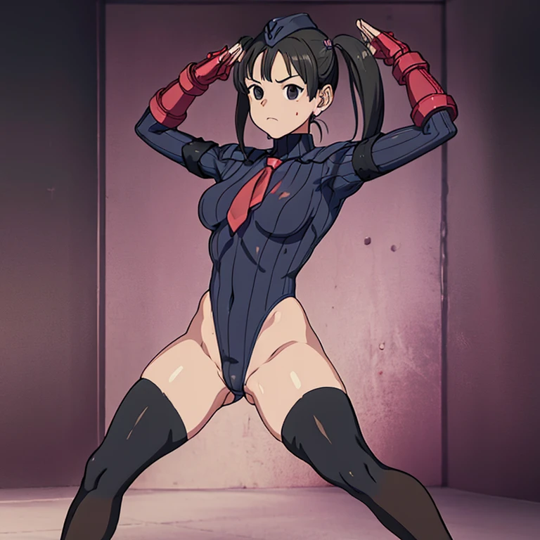 ultra-detailed, Explicit, Beautiful body, Beautiful Nose, Beautiful character design, perfect eyes, perfect face, ultra highres, 4K, beautiful legs, perfect legs, Nice hands, Perfect hand, Masterpiece, Best Quality, Highly detailed, illustration, absurdres, street fighter, doll suit, shadaloo doll, dollsuit, expressionless, blank eyes, looking at viewer, red gloves, emotionless, black latex, corrution, mind control, female combatant, full body, hypnotized, unhappy trance, full body suit, ribbed bodysuit, both arms at side, obey, perfect female body, extremely glossy latex, hypnosis, hypnoLora, empty eyes, Mind control device, poses, submissive_pose, Slave, hat, necktie, stand up straight, standing, standing at attention, hat, necktie, belt, latex, ribbed bodysuit, thighhighs, garter belt, Fighting Stance, extending the right arm from the shoulder into the air with a straightened hand, nazi saluting, military, military saluting, salute, thigh boots, solo, 1girl, Ayumi Togeguchi, Akebi-chan no Sailor Fuku, black hair, black eyes, twin tails, blood on shirt, blood on hand, blood on clothes, blood on face, blood, blood on arm