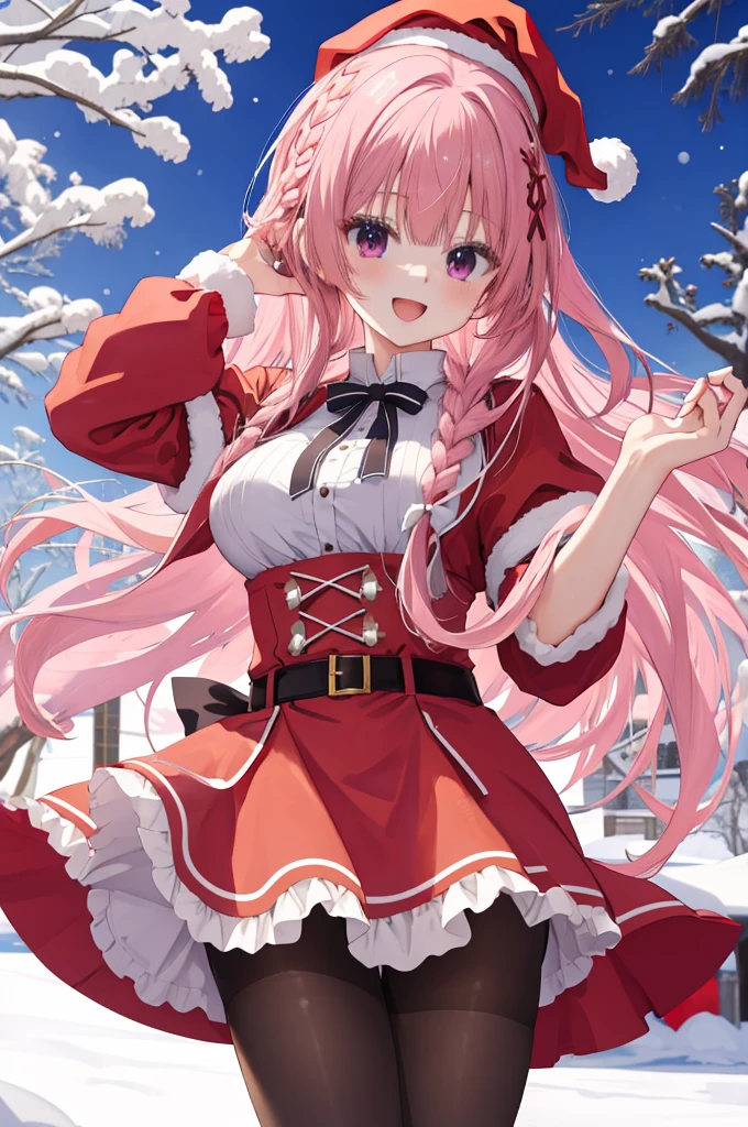 masterpiece, best quality, highres, Mitsukasa Ayase, long hair, braid, large breasts, santa hat, red headwear, pantyhose, santa costume, fur trim, white gloves, red skirt, pantyhose, outdoors, snow, standing, smile, open mouth,
