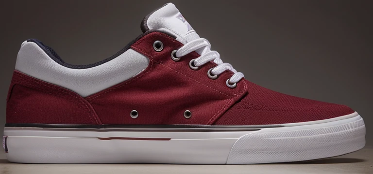 zapatilla de canvas, zapatilla roja con negro, zapatilla fotorealista, render, 4k, luz ambiente claro, suela blanca, zapatillas con cordones color blanco