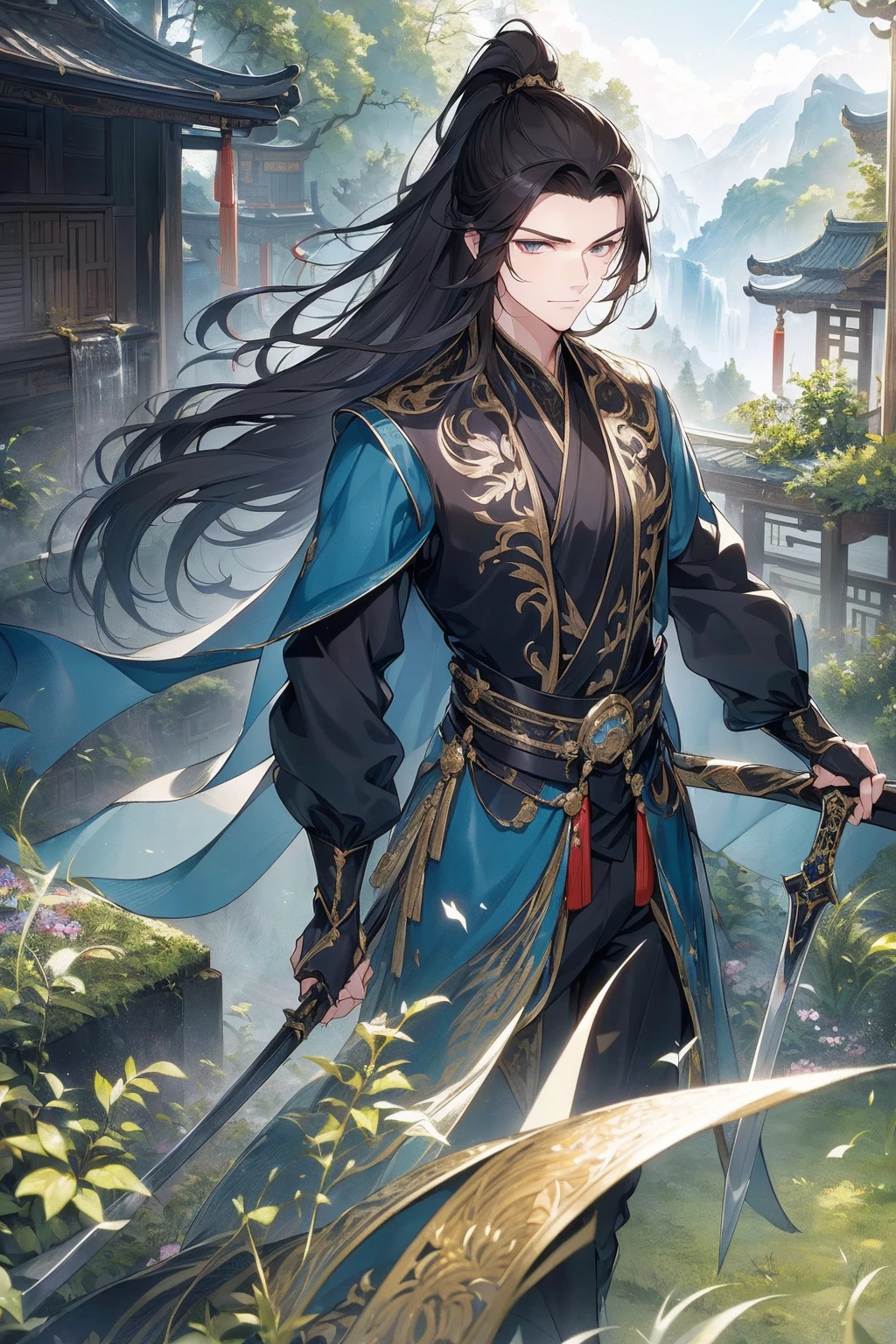 (Best picture quality, high resolution, clear image :1.2), super detailed background, handsome man standing with sword, long hair and high ponytail, which is, wind blowing, Chinese-style clothes, wearing black clothes, garden scene, Moonlight, waterfall man, romantic atmosphere, Dutch Angle shot, soft lighting, upper body portrait, charming eyes, sharp eyes, Eyes focused,