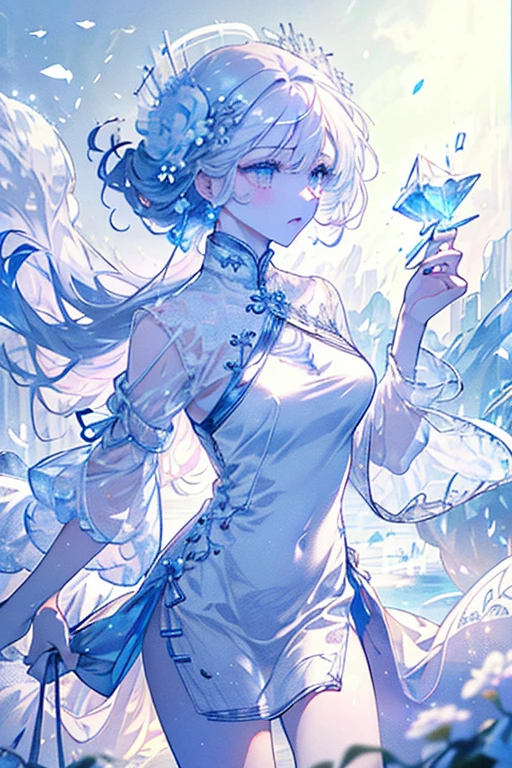 Paradise in Heaven, White lighting,(muste piece), (best quality), (cinematic), 8K, (art station), Li Yue painting style.(長いwhite hairとSilvery eyesを持つ1人の女), (Beautiful delicate face)、[ Particle Lou Full Moon] [Frozen trees々] [landscape crystal] [great writing] [Ethereal Atmosphere]:1.1] [Fantasy, short story] [soft great writing] [+cinematic shot]:1.2 [+art station] [+luminous white background] [+soft great writing] [soft glow] [Creative and dynamic angles]:1.3, [+Crystal Toning] 、muste piece, very detailed, Super detailed, solo, (pale skin), Silvery eyes, white hair, (snowy background), (snowflake rosen flower:1.0), (shining crystal),, (Snowy ground), (White lashes), sexy woman、dreamy and detailed, Gorgeous setting, 妖しい雰囲気 muste piece, The most beautiful scenes, majestic、(((full of white flowers)))、quiet and serene atmosphere、attractive, all white tones,Inside the crystal library,Transparent flowers and falling snow，Many white roses are planted,(flowingwater,falls,water bloom),The decoration is also carefully done.,Dreamy（very detailedです，creative design，crisp and precise lines，K HD，best quality，T Masterpiece，超High resolution，In 4K）、Diverse poses、((beautiful white flower hair ornament))、Beautiful hairstyle、(best quality, In 4K, 8K, High resolution, muste piece:1.2), Super detailed, Detailed expression, Graceful posture, expressive brush strokes, mystic atmosphere, artistic interpretation,Delicate floral jewelry， (((Detailed design、Beautiful lace translucent dress、see-through small dress)))、(SFW:1.5), (Oversized breasts, best body proportions, proportions of large breasts,:1.5),(white decoration on thigh)、((Beautiful crystal accessories on the legs))。((Beautiful crystal accessories on the arm))、(((micro bikini)))

