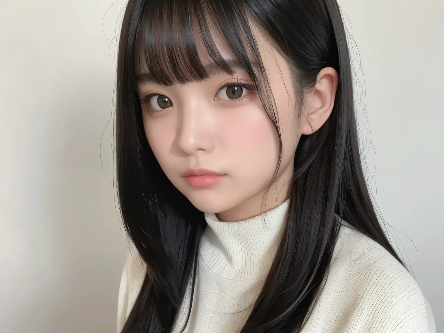 masterpiece, best quality,1girl, solo, black hair, realistic, long hair, no bangs, closed mouth, upper body, portrait, white background, sweater