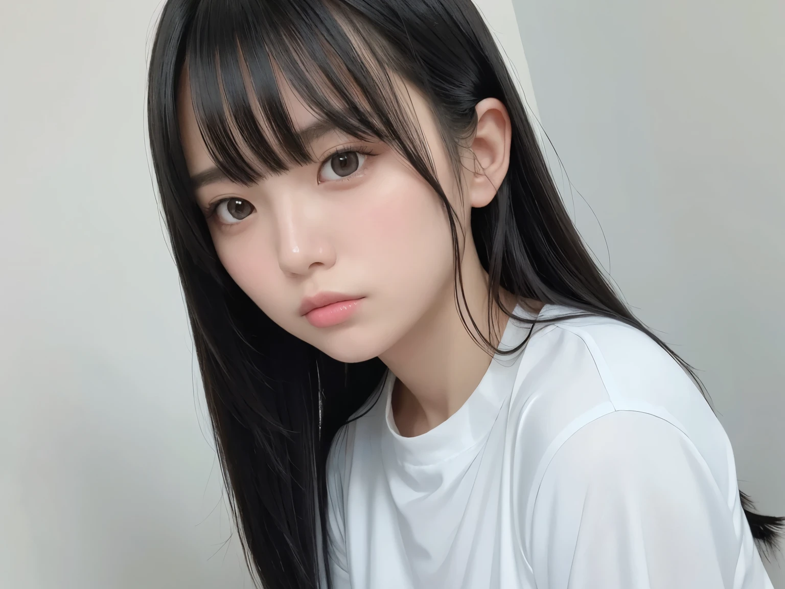 (High resolution:1.3), (16k, Photorealistic, Raw photo, Best image quality: 1.4), Japanese, (One Girl), Beautiful Face, (A vivid face), (Black-haired、Long Hair:1.3、bangs:1.2), (Black Eyes 1.3), Beautiful Hairstyles, Realistic eyes, Beautifully detailed eyes, (Realistic Skin), Beautiful skins, attractive, 超A high resolution, Surreal, High detail, Golden Ratio, Highly detailed cute girl,(20-year-old), (Clothes:0.01), locker room