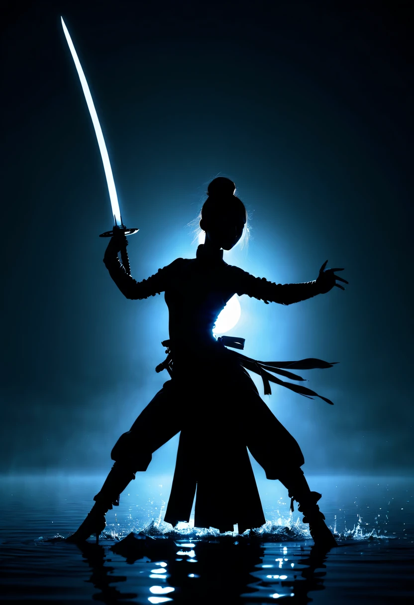 (纯Black silhouette,Silhouette of heroine dancing sword:1.5),Glowing sword,(Fighting posture,强dyna姿势:1.4),on the lake,high contrast, movie lighting, Enigmatic Atmosphere,,lotus flower,Lotus leaf,corrugation,(water splash;1.4),a moon,dyna,swordsman,Kungfu,Black silhouette,Extreme backlight shooting,照片上呈现出Black silhouette(No color or detail),Creates strong contrast with bright background