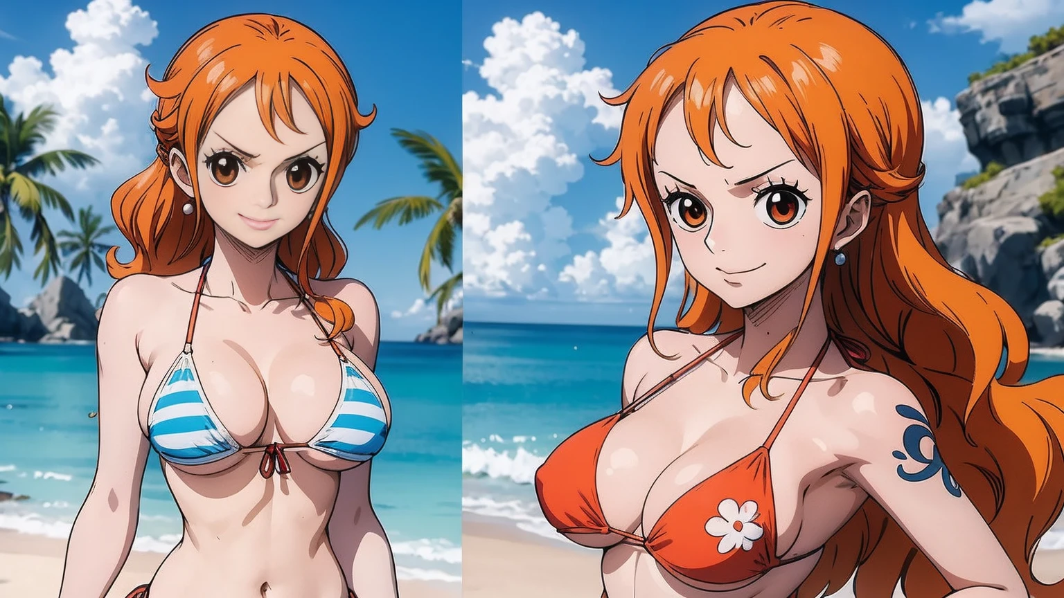 An Arafe woman wears a bikini top and red super miniskirt, nami one piece, uma obra-prima , Retrato bonito de Nami, nami from one piece,Nami em super minissaia vermelha, arte de anime digital detalhada, Cute Exirobat showing white pants, Muito detalhado Artgerm haha, deviantart artstation cgsscosiety, realistic red bikini, roupa de banho vermelha, fanart melhor artstation, Artgerm. alto detalhamento, seios grandes.