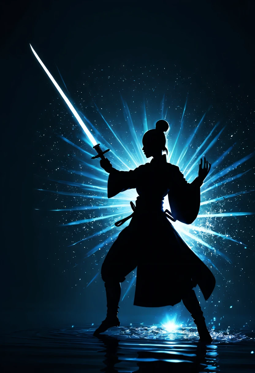 (纯Black silhouette,Silhouette of heroine dancing sword:1.5),Glowing sword,(Fighting posture，强dyna姿势:1.4),on  the lake，high contrast, movie lighting, Enigmatic Atmosphere,，lotus flower，Lotus leaf，corrugation，(water splash;1.4)，a moon，dyna，swordsman，Kungfu，Black silhouette，Extreme backlight shooting,照片上呈现出Black silhouette(No color or detail),Creates strong contrast with bright background