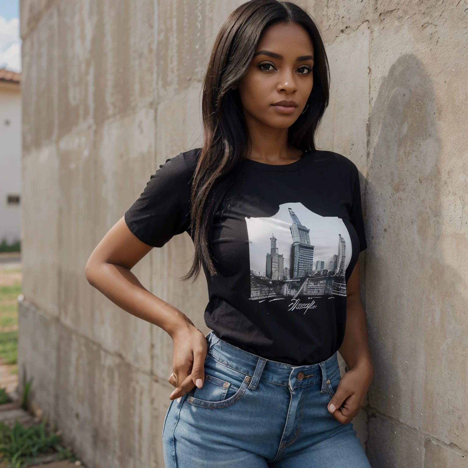 Mulher negra, acima do peso, linda, olhos castanhos escuros, cabelo preto liso, roupa comportada, T-shirt and jeans, travos delicados, imagem realista