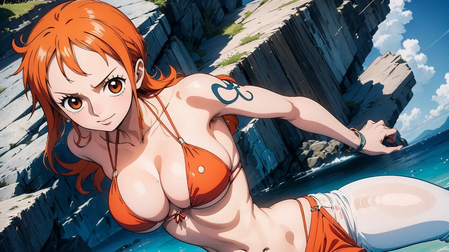 wears a bikini top and super red miniskirt, nami one piece de uma peca, uma pessoa por imagem , uma obra-prima , Retrato bonito de Nami, nami from one piece,Nami em super minissaia vermelha, arte de anime digital detalhada, Cute Exirobat showing white pants, Muito detalhes Artgerm haha, deviantart artstation cgsscosiety, realistic red bikini, fanart melhor artstation, Artgerm, alto detalhamento, seios grandes,  HDR, UHD,master piece:1.2, 