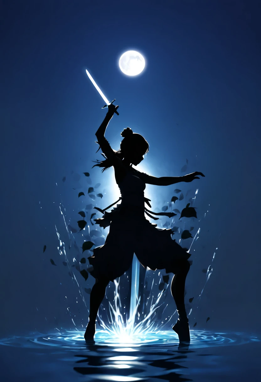 (纯Black silhouette,Silhouette of heroine dancing sword:1.5),Glowing sword,(Fighting posture,强dyna姿势:1.4),on the lake,high contrast, movie lighting, Enigmatic Atmosphere,,lotus flower,Lotus leaf,corrugation,(water splash;1.4),a moon,dyna,swordsman,Kungfu,Black silhouette,Extreme backlight shooting,照片上呈现出Black silhouette(No color or detail),Creates strong contrast with bright background
