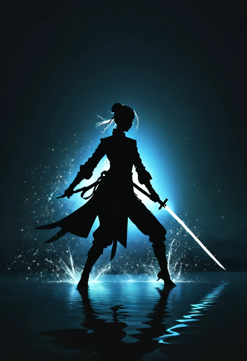 (纯Black silhouette,Silhouette of heroine dancing sword:1.5),Glowing sword,(Fighting posture，强dyna姿势:1.4),on  the lake，high contrast, movie lighting, Enigmatic Atmosphere,，lotus flower，Lotus leaf，corrugation，(water splash;1.4)，a moon，dyna，swordsman，Kungfu，Black silhouette，Extreme backlight shooting,照片上呈现出Black silhouette(No color or detail),Creates strong contrast with bright background