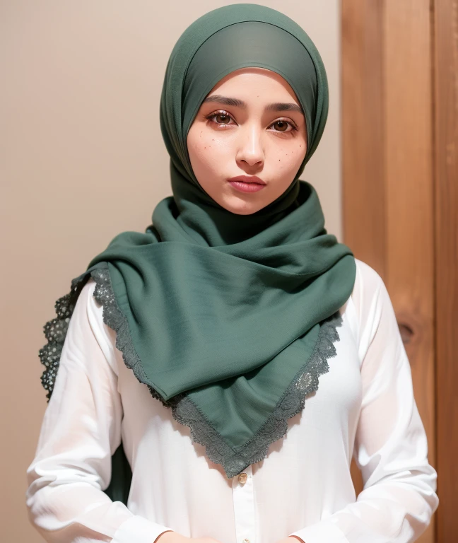 there is a woman wearing a hijab and a white shirt, shawl, inspired by Nazmi Ziya Güran, ( ( dark green, official product image, dark green, scarf, lace, in gunmetal grey, long hair shawl, hijab, gauze, selina, dark grey, inspired by Shaddy Safadi, inspired by Fathi Hassan