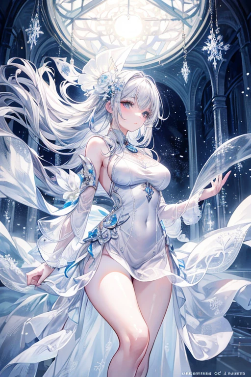 Paradise in Heaven, White lighting,(muste piece), (best quality), (cinematic), 8K, (art station), Li Yue painting style.(長いwhite hairとSilvery eyesを持つ1人の女), (Beautiful delicate face)、[ Particle Lou Full Moon] [Frozen trees々] [landscape crystal] [great writing] [Ethereal Atmosphere]:1.1] [Fantasy, short story] [soft great writing] [+cinematic shot]:1.2 [+art station] [+luminous white background] [+soft great writing] [soft glow] [Creative and dynamic angles]:1.3, [+Crystal Toning] 、muste piece, very detailed, Super detailed, solo, (pale skin), Silvery eyes, white hair, (snowy background), (snowflake rosen flower:1.0), (shining crystal),, (Snowy ground), (White lashes), sexy woman、dreamy and detailed, Gorgeous setting, 妖しい雰囲気 muste piece, The most beautiful scenes, majestic、(((full of white flowers)))、quiet and serene atmosphere、attractive, all white tones,Inside the crystal library,Transparent flowers and falling snow，Many white roses are planted,(flowingwater,falls,water bloom),The decoration is also carefully done.,Dreamy（very detailedです，creative design，crisp and precise lines，K HD，best quality，T Masterpiece，超High resolution，In 4K）、Diverse poses、((beautiful white flower hair ornament))、Beautiful hairstyle、(best quality, In 4K, 8K, High resolution, muste piece:1.2), Super detailed, Detailed expression, Graceful posture, expressive brush strokes, mystic atmosphere, artistic interpretation,Delicate floral jewelry， (((Detailed design、Beautiful lace translucent dress、see-through small dress)))、(SFW:1.5), (Oversized breasts, best body proportions, proportions of large breasts,:1.5),(white decoration on thigh)、((Beautiful crystal accessories on the legs))。((Beautiful crystal accessories on the arm))