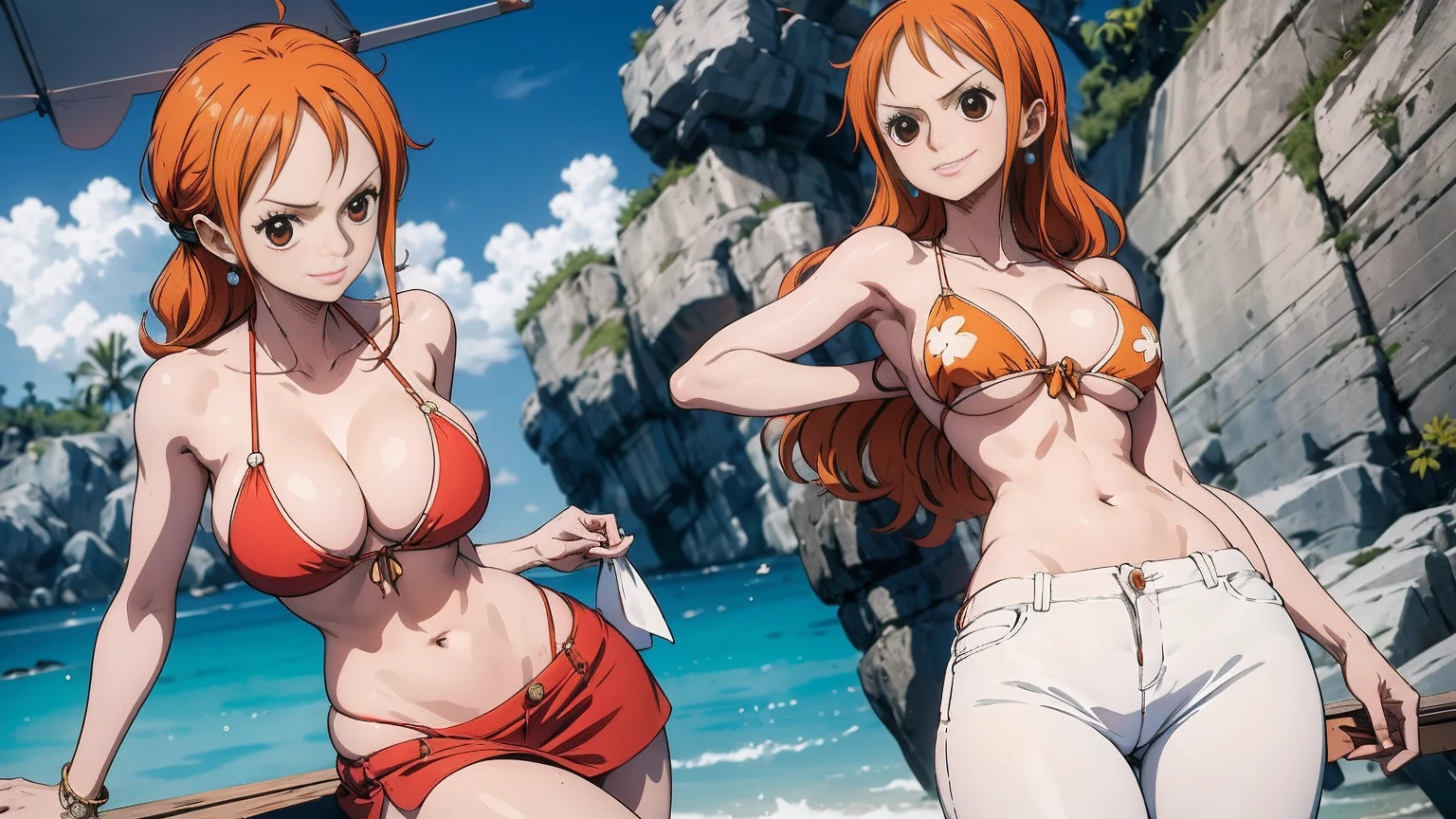 wears a bikini top and super red miniskirt, nami one piece de uma peca, uma pessoa por imagem , uma obra-prima , Retrato bonito de Nami, nami from one piece,Nami em super minissaia vermelha, arte de anime digital detalhada, Cute Exirobat showing white pants, Muito detalhes Artgerm haha, deviantart artstation cgsscosiety, realistic red bikini, fanart melhor artstation, Artgerm, alto detalhamento, seios grandes,  HDR, UHD,master piece:1.2, 