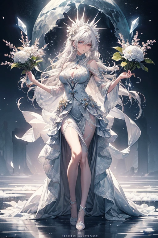 Paradise in Heaven, White lighting,(muste piece), (best quality), (cinematic), 8K, (art station), Li Yue painting style.(長いwhite hairとSilvery eyesを持つ1人の女), (Beautiful delicate face)、[ Particle Lou Full Moon] [Frozen trees々] [landscape crystal] [great writing] [Ethereal Atmosphere]:1.1] [Fantasy, short story] [soft great writing] [+cinematic shot]:1.2 [+art station] [+luminous white background] [+soft great writing] [soft glow] [Creative and dynamic angles]:1.3, [+Crystal Toning] 、muste piece, very detailed, Super detailed, solo, (pale skin), Silvery eyes, white hair, (snowy background), (snowflake rosen flower:1.0), (shining crystal),, (Snowy ground), (White lashes), sexy woman、dreamy and detailed, Gorgeous setting, 妖しい雰囲気 muste piece, The most beautiful scenes, majestic、(((full of white flowers)))、quiet and serene atmosphere、attractive, all white tones,Inside the crystal library,Transparent flowers and falling snow，Many white roses are planted,(flowingwater,falls,water bloom),The decoration is also carefully done.,Dreamy（very detailedです，creative design，crisp and precise lines，K HD，best quality，T Masterpiece，超High resolution，In 4K）、Diverse poses、((beautiful white flower hair ornament))、Beautiful hairstyle、(best quality, In 4K, 8K, High resolution, muste piece:1.2), Super detailed, Detailed expression, Graceful posture, expressive brush strokes, mystic atmosphere, artistic interpretation,Delicate floral jewelry， (((Detailed design、Beautiful lace translucent dress、see-through small dress)))、(SFW:1.5), (Oversized breasts, best body proportions, proportions of large breasts,:1.5),(white decoration on thigh)、((Beautiful crystal accessories on the legs))。((Beautiful crystal accessories on the arm))