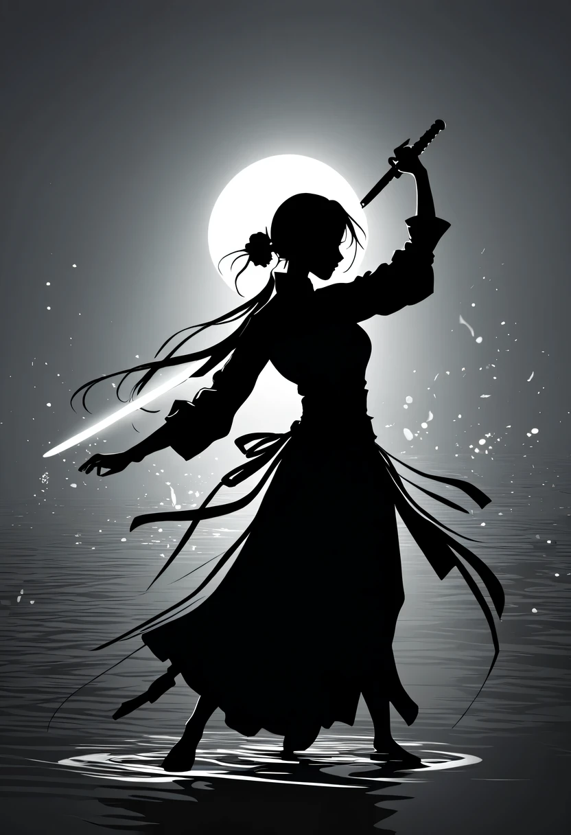 (纯Black silhouette,Silhouette of heroine dancing sword:1.5),Glowing sword,(Fighting posture，强dyna姿势:1.4),on  the lake，high contrast, movie lighting, Enigmatic Atmosphere,，lotus flower，Lotus leaf，corrugation，(water splash;1.4)，a moon，dyna，swordsman，Kungfu，Black silhouette，Extreme backlight shooting,照片上呈现出Black silhouette(No color or detail),Creates strong contrast with bright background