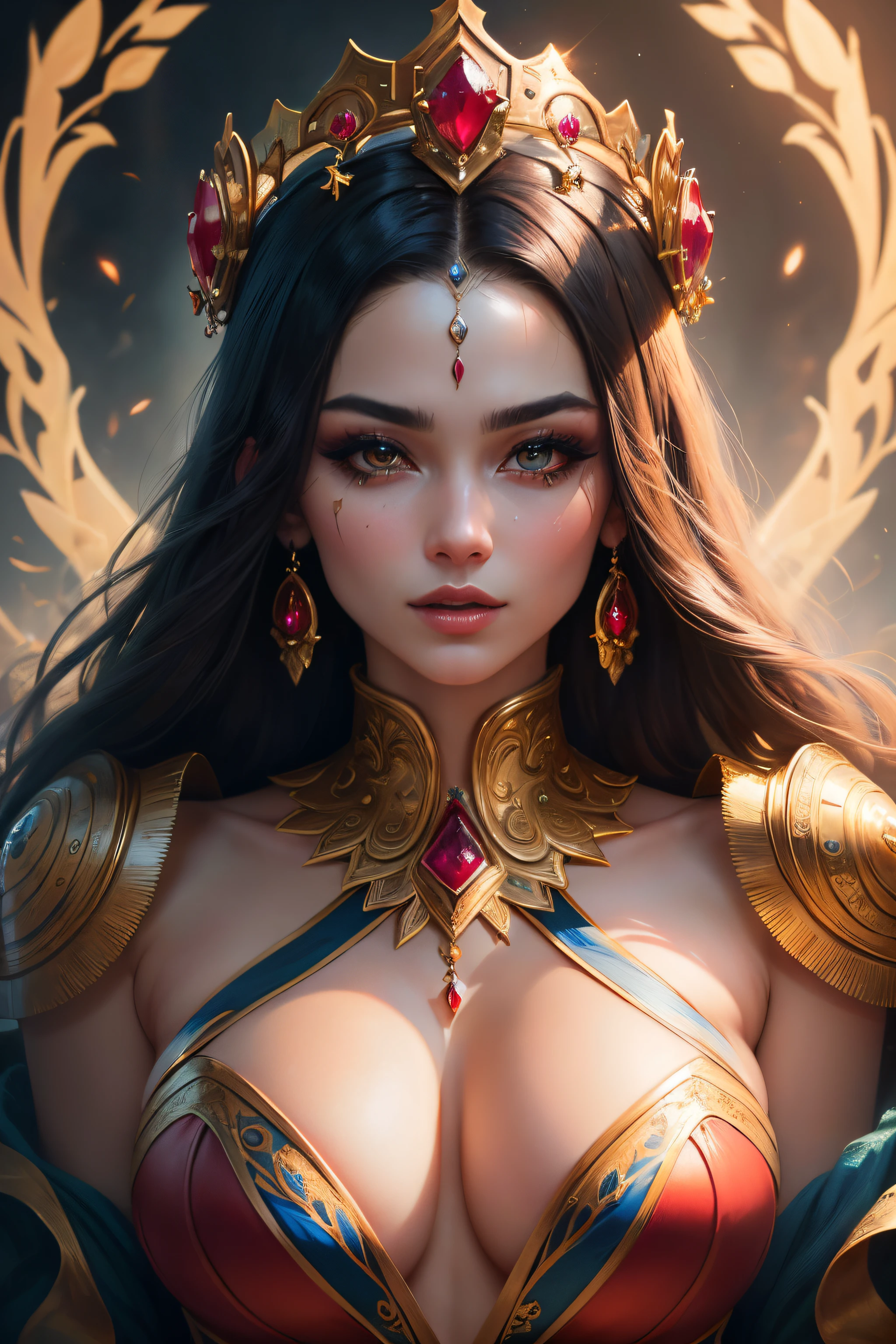 ((best quality)), ((masterpiece)), (detailed), close-up, person wearing costume, (Behance contest winner:1.2), fantasy art, crown of giant rubies, 3D goddess portrait, style of Ross Tran, captivating lighting, 8k resolution, striking facial expression, (elaborate costume details:1.3), vibrant colors, powerful presence, (ethereal glow:1.1)