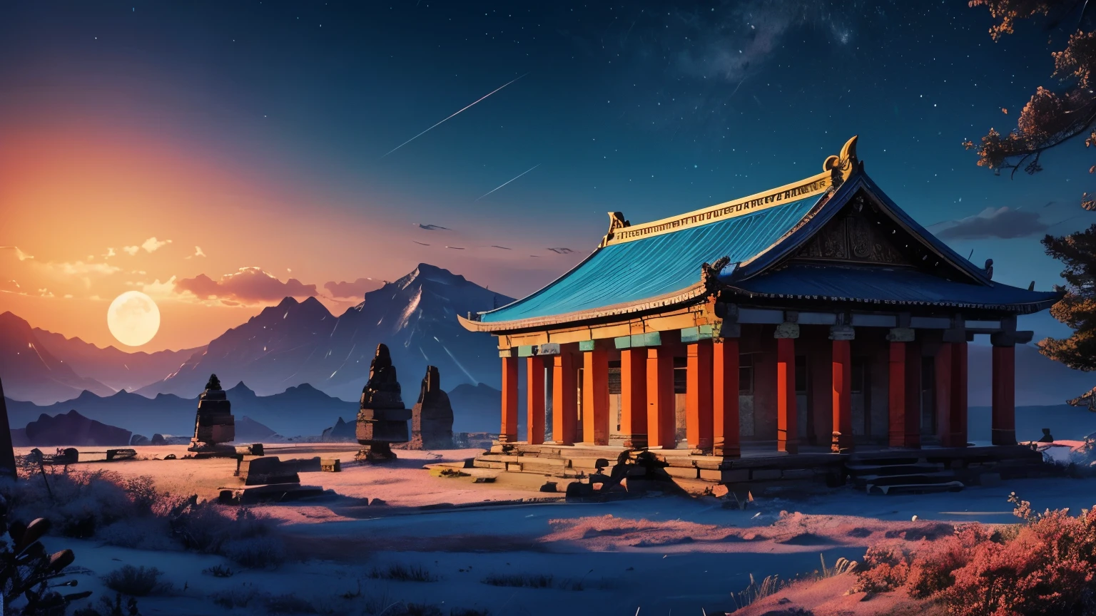 A beautiful colourful landscape. The moon is shining. An old ancient temple.