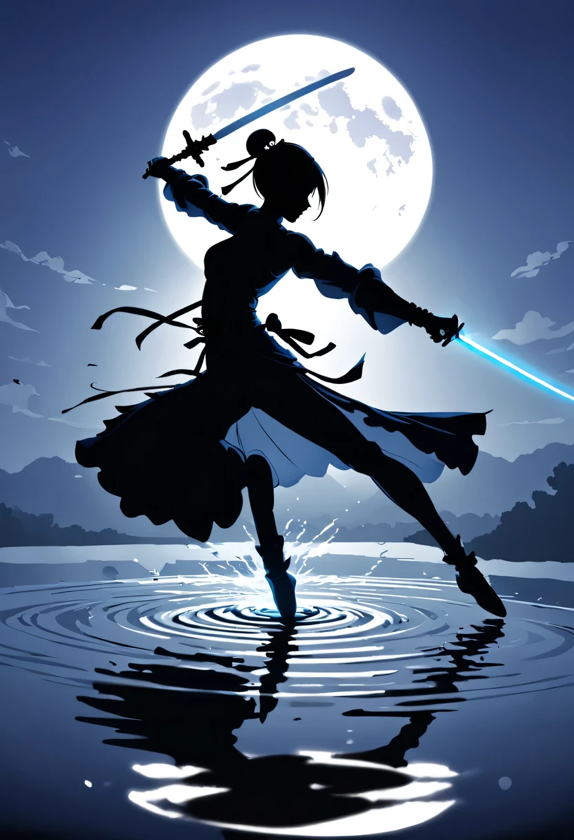 (纯Black silhouette,Silhouette of heroine dancing sword:1.5),Glowing sword,(Fighting posture,强dyna姿势:1.4),on the lake,high contrast, movie lighting, Enigmatic Atmosphere,,lotus flower,Lotus leaf,corrugation,(water splash;1.4),a moon,dyna,swordsman,Kungfu,Black silhouette,Extreme backlight shooting,照片上呈现出Black silhouette(No color or detail),Creates strong contrast with bright background