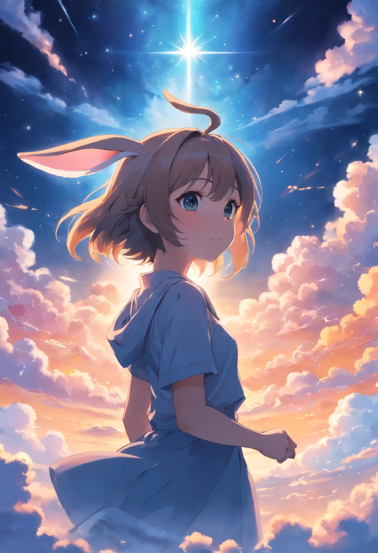 a cute bunny in a cloud above some stars, umrahmt von Wolken an einer Wand, im Stil einer digitalen Collage, traumhafte Szenarien, animierte GIFs, ethereal dreamscapes, hellbraun und himmelblau, Tarotkarte, Eiichiro Oda