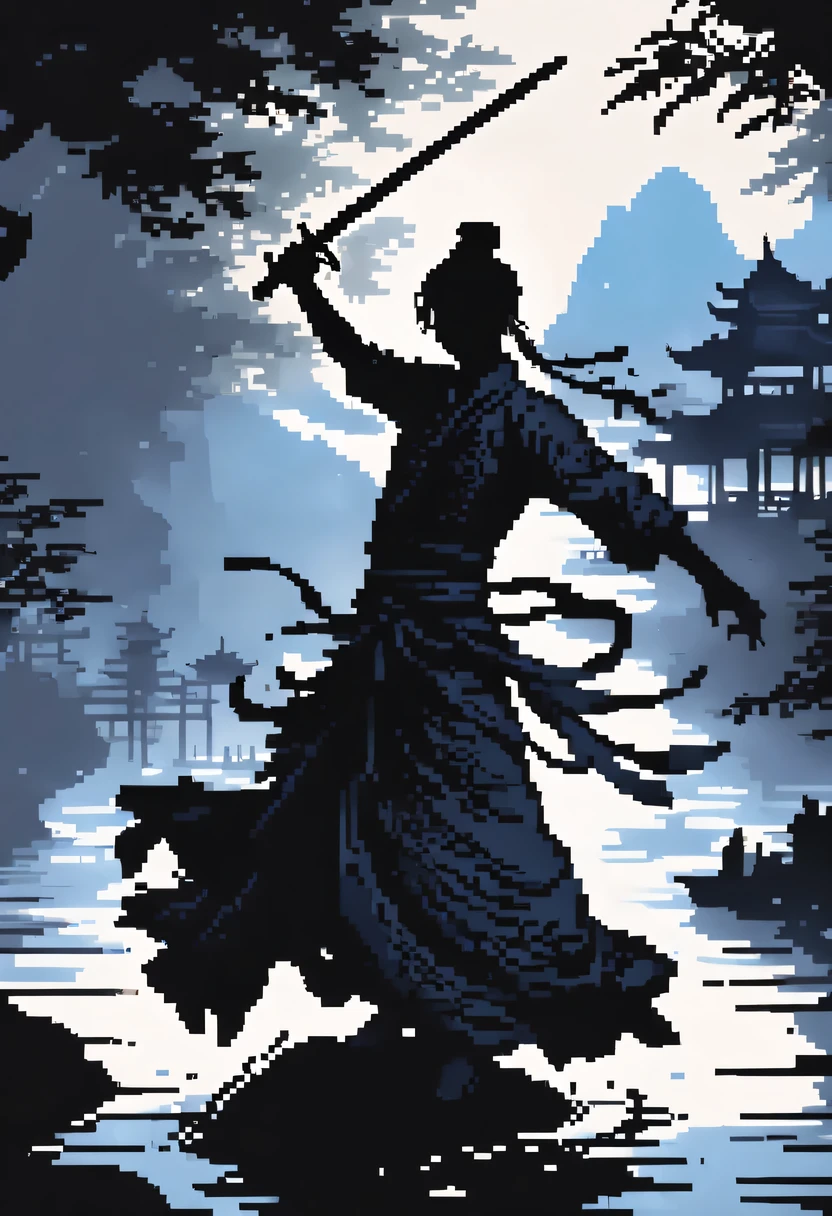 (纯Black silhouette,Silhouette of heroine dancing sword:1.5),Glowing sword,(Fighting posture，强dyna姿势:1.4),on  the lake，high contrast, movie lighting, Enigmatic Atmosphere,，lotus flower，Lotus leaf，corrugation，(water splash;1.4)，a moon，dyna，swordsman，Kungfu，Black silhouette，Extreme backlight shooting,照片上呈现出Black silhouette(No color or detail),Creates strong contrast with bright background